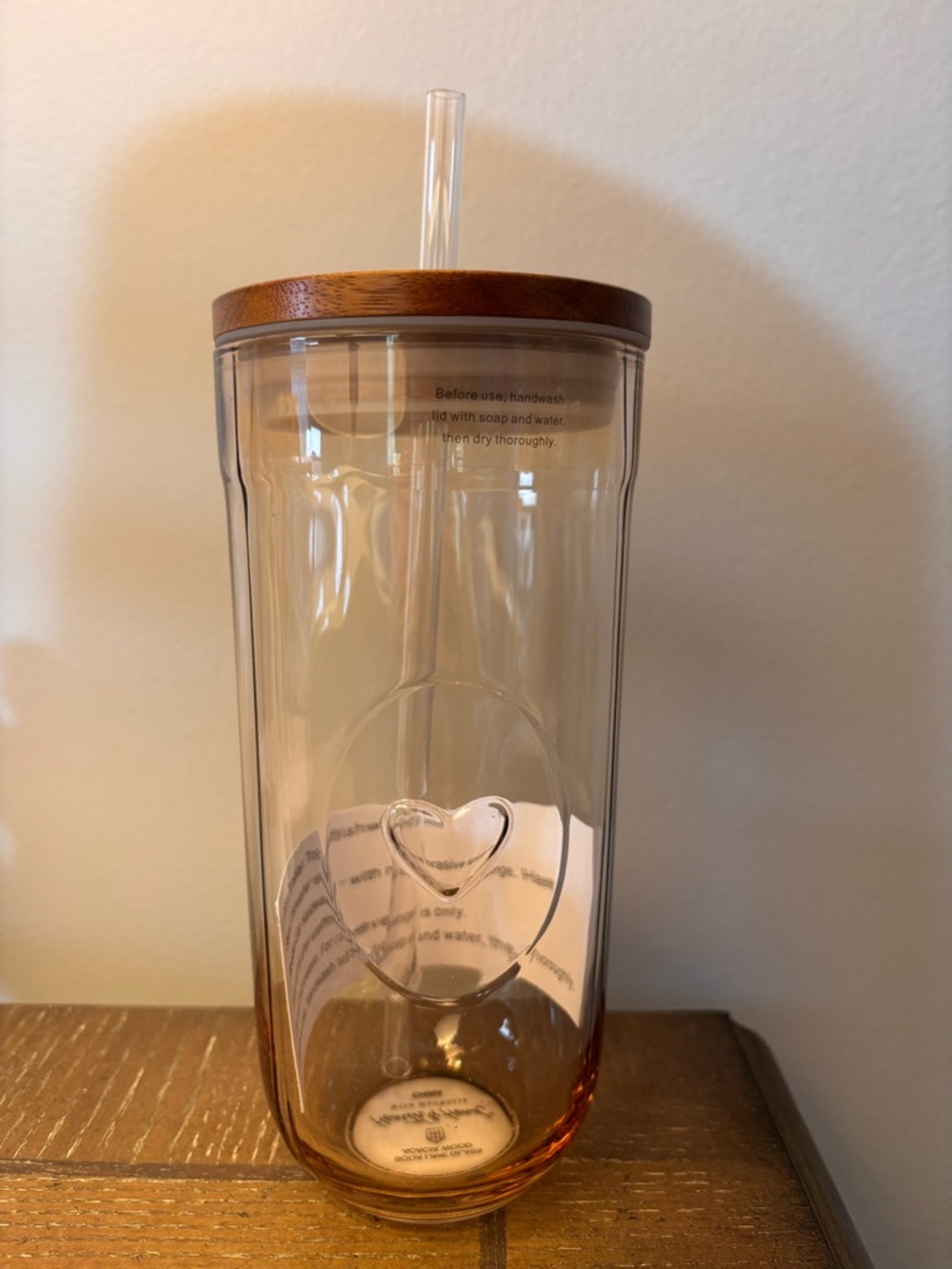 Hearth & Hand Glass Tumbler with Wood Lid and Straw - Heart Detail - Amber Tint
